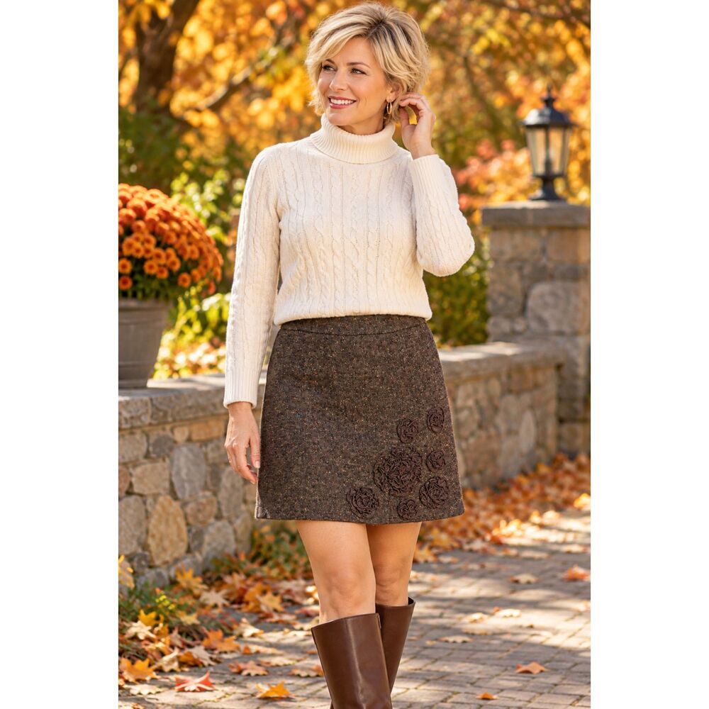 Ann Taylor LOFT Size 2 Brown Tweed Wool Blend Lined Floral Applique Skirt #24